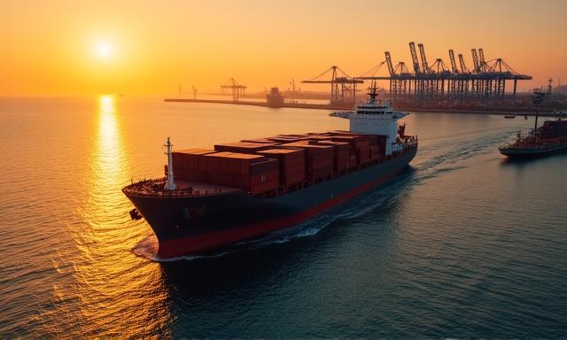 Barco de carga en el puerto al atardecer